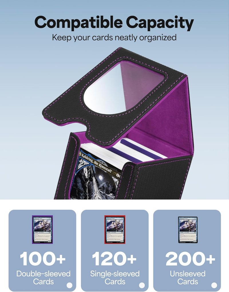 banloga Card Deck Box for MTG Commander, Card Case Holds 100+ Double-Sleeved Cards, Magic Card Box Fits for TCG/PTCG/CCG Card with 2 Dividers (Black&Purple) - Image 2
